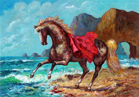 Giovan Francesco GONZAGA Milano 1921 - Milano 2007 Corsiero con manto rosso,...