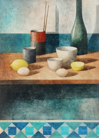 Marcello SCUFFI Tizzana, 1948 Natura morta sul tavolo con bottiglia, 1996,...