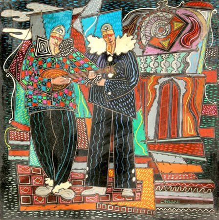 Pippo ORIANI Torino 1909 - Roma 1972 Arlecchini, 1970, encausto e graffito su...