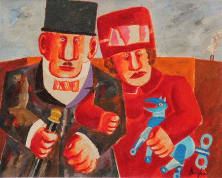 Franz BORGHESE Roma 1941 - Roma 2005 Coniugi con cane meccanico, olio su...