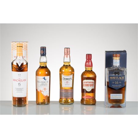 MACALLAN, TALISKER, DEWAR’S, HERON’S, MORTLACH., 5 bottiglie whisky