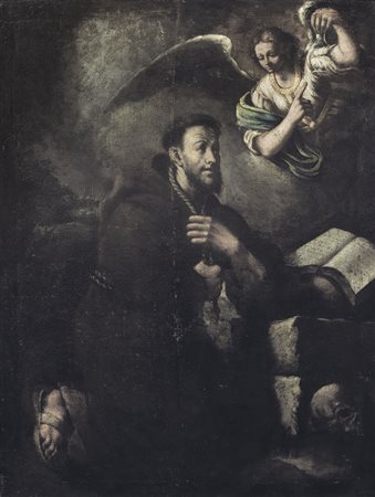 SCUOLA LOMBARDA DEL XVII SECOLO San Francesco con l'angeloOlio su tela, cm...