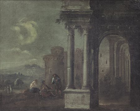 PITTORE DEL XVIII SECOLO Paesaggio con ruderi e astanti Olio su tela, cm...