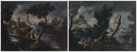 PITTORE DEL XVIII SECOLO Peesaggi con figureCoppia di oli su tela cm...