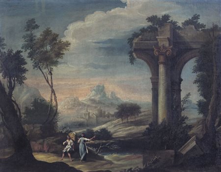 SCUOLA VENETA DEL XVIII SECOLO Paesaggio con rovine e figure Olio su tela, cm...