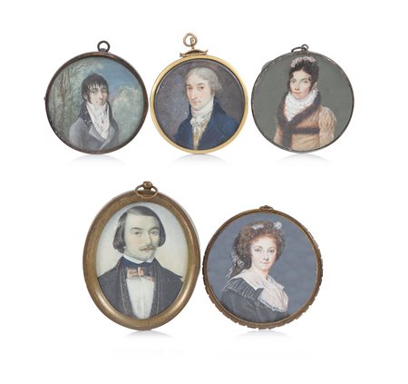 PITTORE DEL XIX SECOLO Cinque ritrattiCinque diverse miniature, diam. massimo...