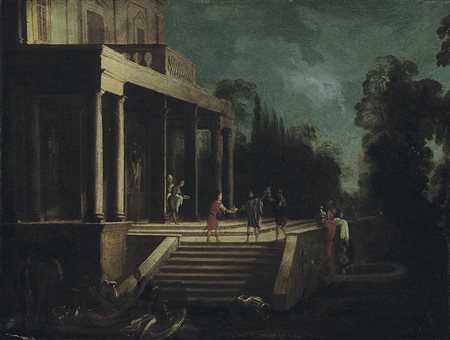 PITTORE DEL XVIII SECOLO Paesaggio con figure all'ingresso di una villaOlio...