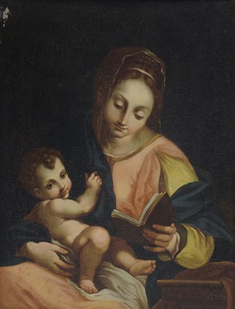 SCUOLA EMILIANA DEL XVIII SECOLO Madonna che legge con Bambino Olio su tela,...