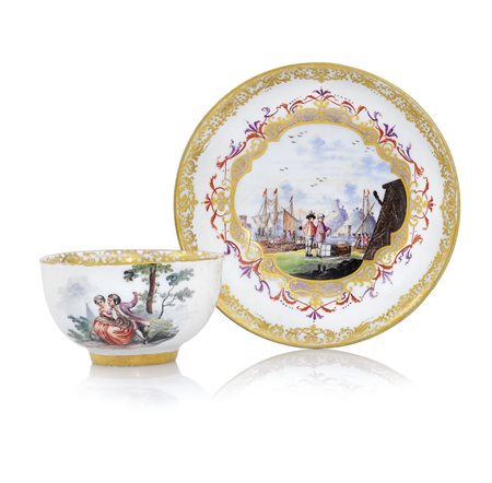 MEISSEN UNA TAZZA E UN PIATTO IN PORCELLANA, MEISSEN, 1735-1740 CA., tazza...