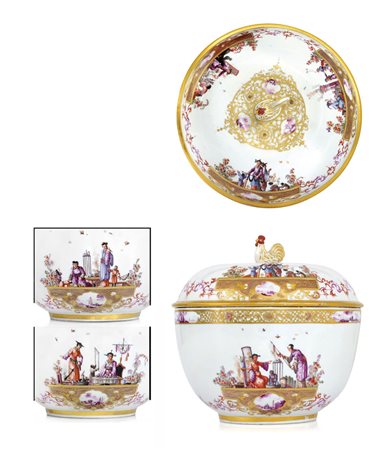 MEISSEN RARA ED IMPORTANTE ZUPPIERA CON COPERCHIO IN PORCELLANA DECORATA A...