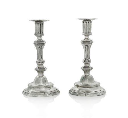 ARGENTI D'EPOCA COPPIA DI CANDELIERI IN ARGENTO, GENOVA, PUNZONI TORRETTA,...