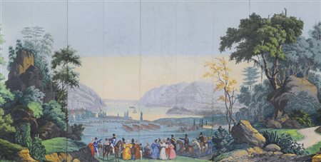 PITTORE DEL XIX SECOLO Veduta costiera con accampamento militare e...