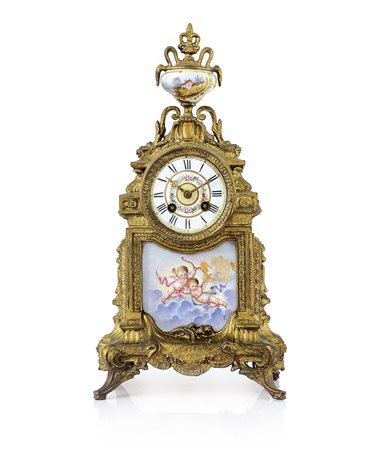 OROLOGIO DA TAVOLO PENDOLA DA TAVOLO IN METALLO DORATO E PORCELLANA, FRANCIA,...