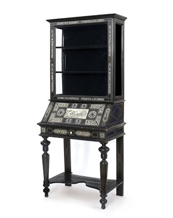 MOBILE DEL XIX SECOLO PICCOLO CASSETTONE A RIBALTA CON VETRINA INTARSIATO IN...