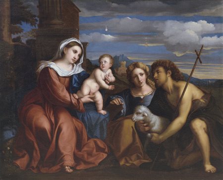 PITTORE DEL XVIII SECOLO Madonna con Bambino, San Giovanni Battista e Santa...