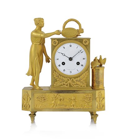 OROLOGIO DA TAVOLO PENDOLA DA TAVOLO IMPERO IN BRONZO DORATO, LABORIE A...