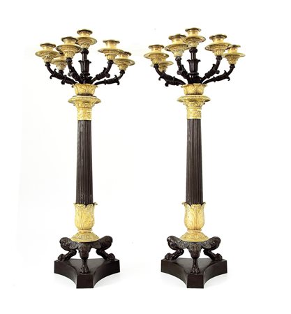 OGGETTISTICA VARIA COPPIA DI GRANDI CANDELABRI IN BRONZO DORATO E BRUNITO,...