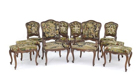 MOBILE DEL XX SECOLO SALOTTO IN NOCE CON RIVESTIMENTO AD ARAZZO ANTICO,...