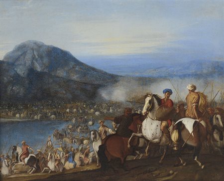 FALCONE ANIELLO Napoli 1607 - 1656Cavalieri che guadano un fiumeOlio su tela,...