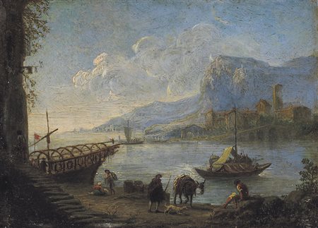 PITTORE DEL XVIII SECOLO Paesaggio costiero con imbarcazioni e astantiOlio su...