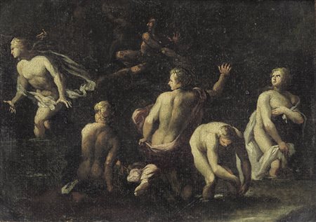 SCUOLA EMILIANA DEL XVIII SECOLO Ninfe al bagno Olio su tela, cm 18,5x27,5.