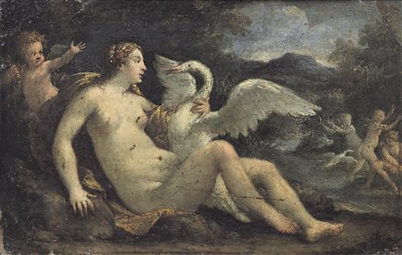 SCUOLA EMILIANA DEL XVII SECOLO Leda e il cigno Olio su rame, cm 25,5x16,5.