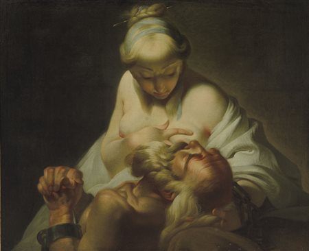 SCUOLA FRANCESE DEL XVIII SECOLO Carità RomanaOlio su tela, cm 80,5x99,5.