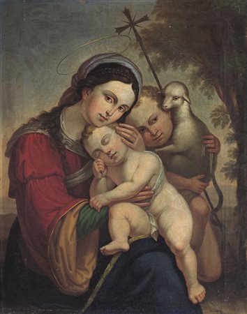 PITTORE DEL XIX SECOLO Madonna con Bambino e San Giovannino Olio su tela, cm...