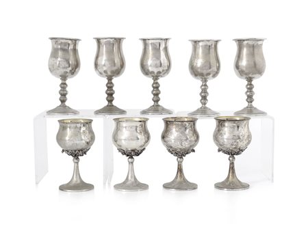 ARGENTI RECENTI CINQUE CALICI IN ARGENTO, MESSULAM, MILANO E QUATTRO CALICI...