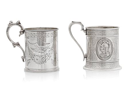 ARGENTI D'EPOCA DUE MUG IN ARGENTO, LONDRA, 1873 E 1883, troncoconici con...