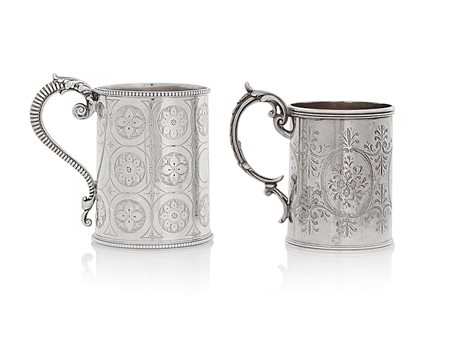 ARGENTI D'EPOCA DUE MUG IN ARGENTO, LONDRA, 1857 E BIRMINGHAM, 1861,...