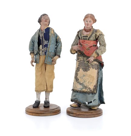 SCUOLA NAPOLETANA DEL XVIII SECOLO Due figure da presepe Legno scolpito e...
