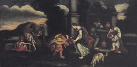 PITTORE DEL XVII SECOLO L'incontro di Rebecca al pozzo con EliezerOlio su...