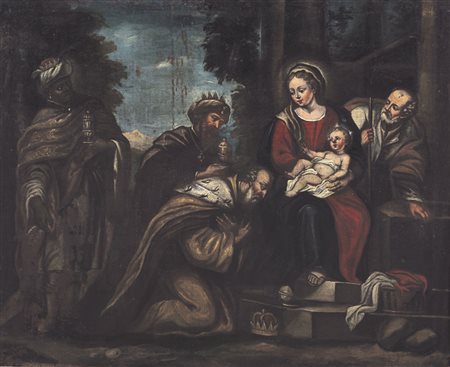 PITTORE DEL XVII SECOLO Adorazione dei MagiOlio su tela, cm 98x120,5.