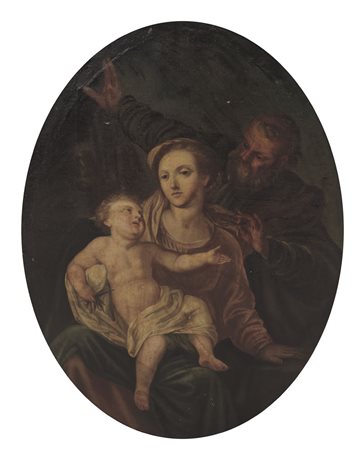 PITTORE DEL XVIII SECOLO Sacra FamigliaOlio su tela ovale, cm 129,5x95.