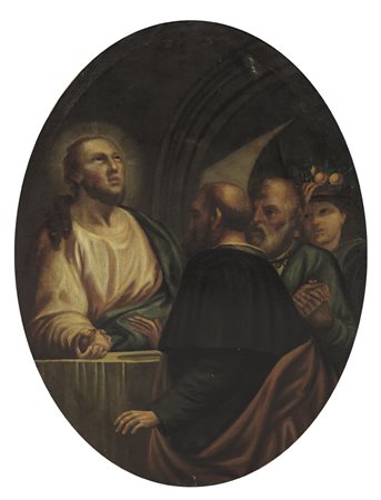 PITTORE DEL XVIII SECOLO Cena in EmmausOlio su tela ovale, cm 129,5x95.