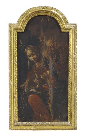 PITTORE DEL XVII SECOLO Sacra Famiglia Olio su tela centinata applicata su...