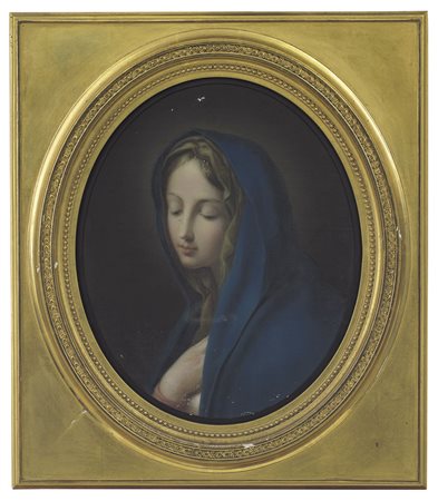 PITTORE DEL XIX SECOLO Volto della VergineOlio su tela ovale applicata su...