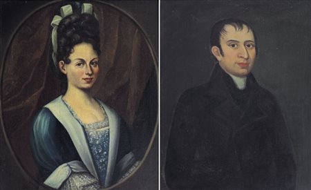 PITTORE DEL XVIII SECOLO Ritratti di gentildonna e gentiluomo Due oli su...