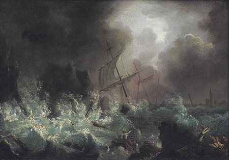 PITTORE DEL XVIII SECOLO Marina in burrasca con veliero e figure Olio su...