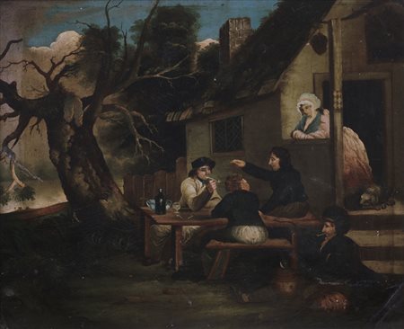 PITTORE DEL XIX SECOLO Paesaggio con figure ad un tavoloOlio su cartone, cm...