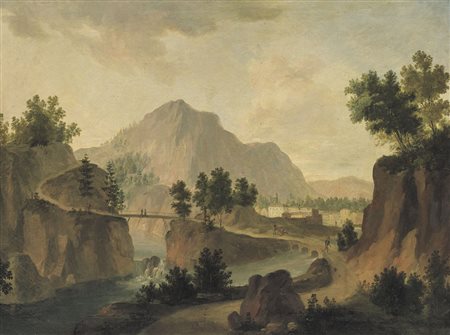 PITTORE DEL XIX SECOLO Paesaggio fluviale con ponticello e figure Olio su...