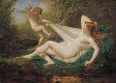 PICOU HENRI PIERRE 1824 - 1895Venere e Amore, 1889Olio su tavola, cm 23,5x33,...