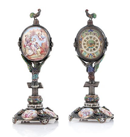VIENNA OROLOGIO DA TAVOLO IN ARGENTO E SMALTI POLICROMI, VIENNA, XIX SECOLO,...