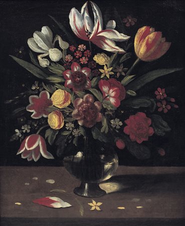 PITTORE FIAMMINGO DEL XVIII SECOLO Vaso di fiori Olio su tela, cm 55x45,5.