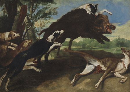 PITTORE DEL XVIII SECOLO La caccia al cinghiale (da F.Snyders)Olio su tela,...