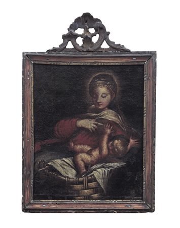 SCUOLA VENETA DEL XVIII SECOLO Madonna con Bambino Olio su tela applicata su...