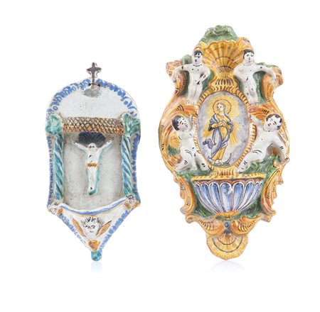 CERAMICA UNA ACQUASANTIERA IN CERAMICA, ITALIA MERIDIONALE, XVIII SECOLO,...