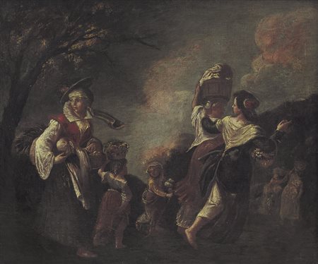 PITTORE DEL XVIII SECOLO Paesaggio con viandanti Olio su tela, cm 60x72,5.