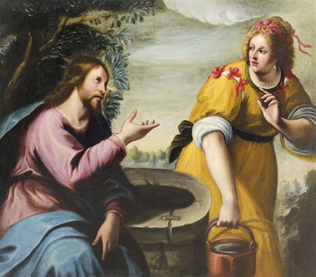 SCUOLA FIORENTINA DEL XVII SECOLO La Samaritana al pozzoOlio su tela, cm...